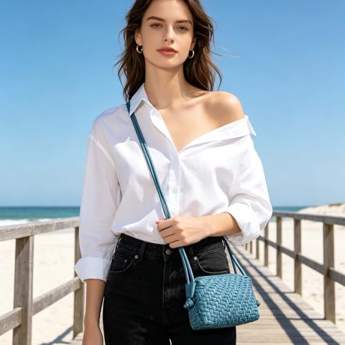 Woven Crossbody Bags for Women Handwoven Purses Vegan Leather Small Handbag Handmade Shoulderbag | Lightweight - color: Teal