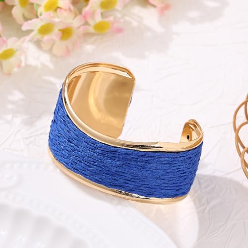 Raffia Colorful Chunky Cuff Bracelet For Women Statement Irregular Wave Vacation Tropical Beachy Spring Summer Wide Open Bangle Handmade Boho Costume Jewelry Accessories - color: Dark Dlue