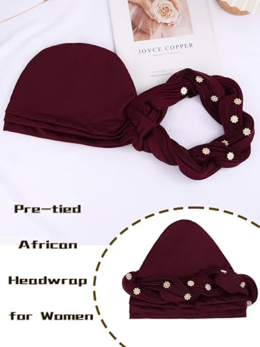 Woeoe Women African Turban Pre-Tied Twisted Beanie Cap Headwear Rhinestone Soft Stretchy Head Turbans - color: Color-2