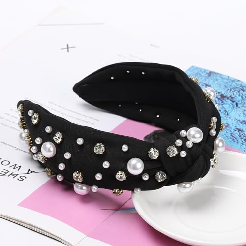 WantGor Pearl Knotted Headband, Women Rhinestone Embellished Hairband Elegant Wide Top Knot Bride Headbands Headpieces Party Fashion Elegant Ladies Hair Band Hair Hoop Accessories (Black) - color: Black