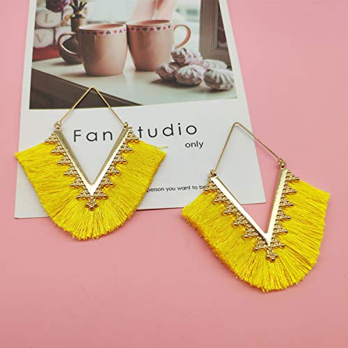 Tassel Hoop Earring Statement Thread Dangle Earrings Stylish Long Fringe Drop Earrings Lightweight Long Swingy French Hook Earrings for Women - color: A Yellow