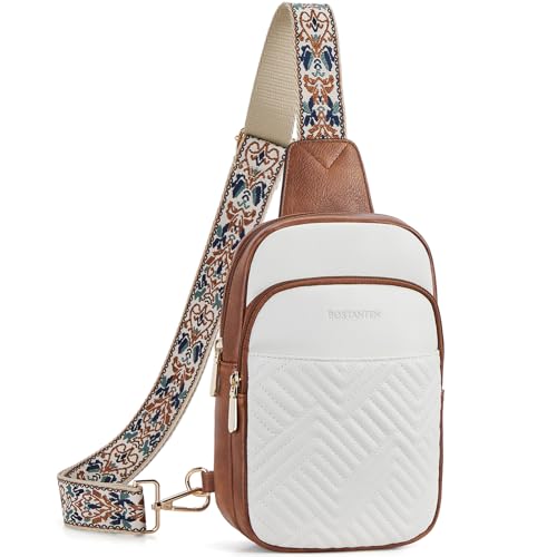 BOSTANTEN Sling Bag Quilted Crossbody Bags for Women Cross Body Purse Leather Fanny Pack with Adjustable Guitar Strap - color: A-beige
