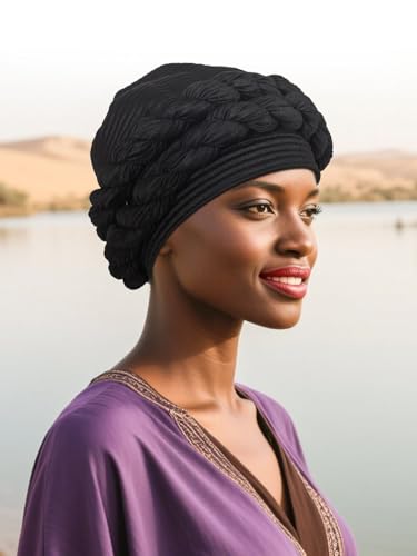 Woeoe Women African Turbans Pre-Tied Twisted Grey Hat Rhinestone Stretchy Head Wrap for Church Party - color: Black