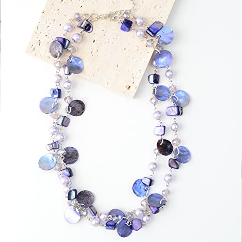 Noessla Layered Beaded Chunky Necklace for Women Boho Two-color Shell Statement Necklace Fashion Collar Costume Jewelry Gifts for Mum - color: 14-Purple