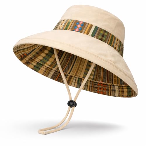 Wide Brim Sun Hat for Women Reversible Beach Hats Metal Wired Edge Gardening Hats, UPF 50+ Bucket Summer Hat - color: Beige Boho-style