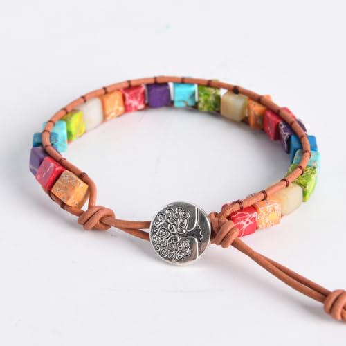 YGLINE Boho Handmade Wrap Leather Tube Crystal Stone Bracelet for Women - color: Chakra Cube