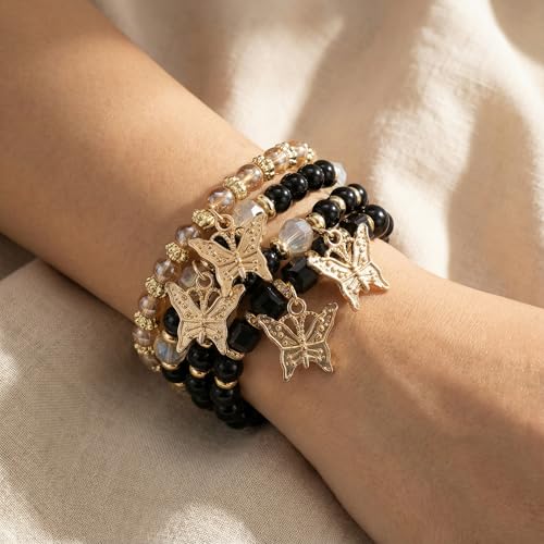 Bohemian Bracelet Sets for Women - 4-Pack Stackable Stretch Bead Bracelets with Black＆White Crystal & Gold Accessories, Multi-Layer Boho Jewelry - color: black butterfly