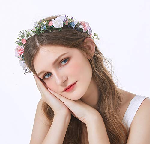 Vivivalue Bridal Floral Headband Rose Flower Crown Hair Wreath Floral Headpiece Halo Boho with Ribbon Wedding Party Photos - color: 52