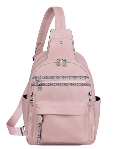 FADEON Large Sling Bag for Women, Leather Crossbody Purse Designer Anti Theft Sling Backpack, RFID Fanny Packs for Travel - color: Pink Retro Style