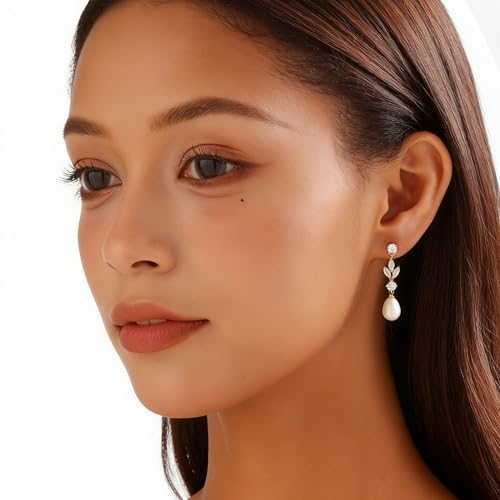 Pearl Earrings for Women Dainty Diamond Pearl Drop Earrings 14k Gold Plated Dangle Earrings for Women Weddings Gifts Bridesmaid Gifts - color: A-gold pearl earrings