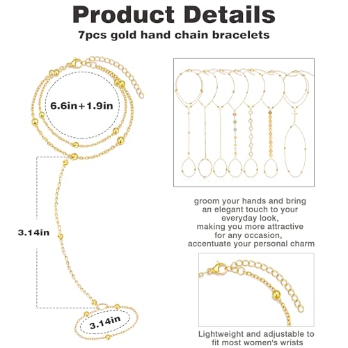 BOMAIL 7Pcs 14K Gold Plated Gold Hand Chain Bracelets for Women | Adjustable Ring Bracelets,Stackable Hand Link Chain,Dainty Gold Jewelry,Durable Accessory,Cute Bracelet