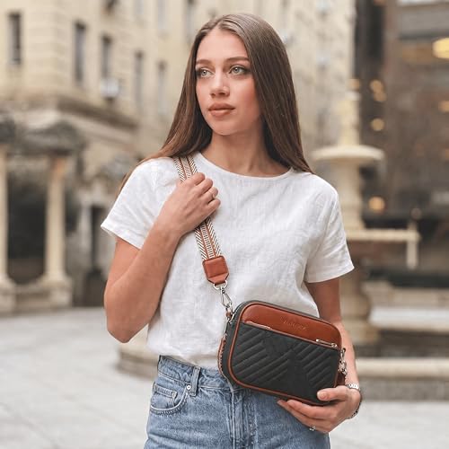 Vantamo Premium Quilted Crossbody Bags for Women with Anti-Pickpocket Clip, Vegan Leather Handbags, Travel Purses for Women - color: Black & Brown With Jacquard Strap