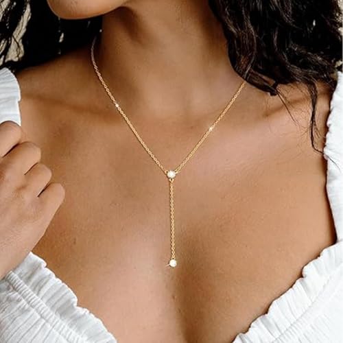LULII Gold Necklace for Women Trendy Lariat Y Necklace Dainty 14k Gold Plated/Silver Long Necklaces for Women Layered Beaded Drop Necklaces Simple Y-Shaped Chain Jewelry Gifts - color: Y CZ Necklace-Gold