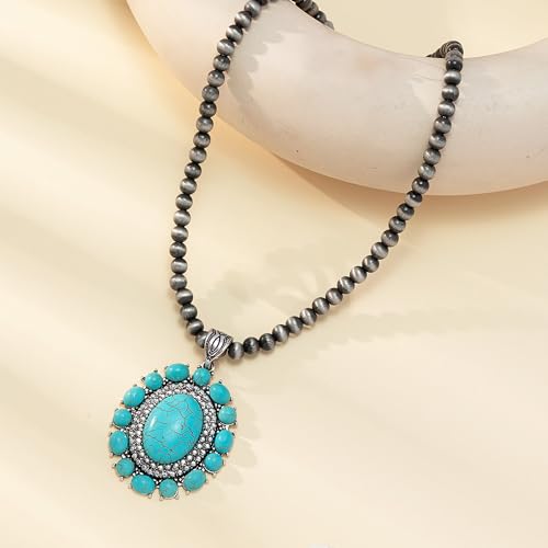 4 PCS Western Turquoise Jewelry for Women Boho Vintage Navajo Pearl Necklace Earring Bracelet Ring Set Country Cowgirl Accessories for Gift - color: A-Blue
