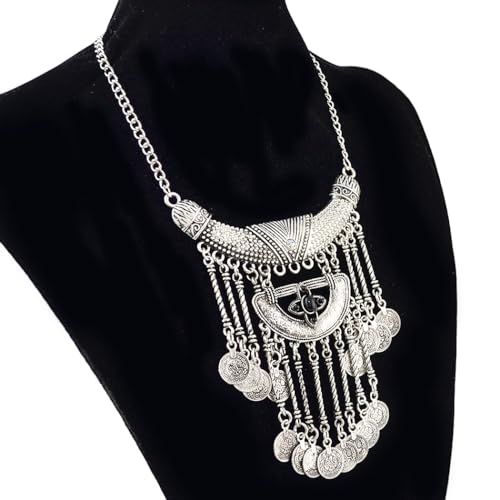 Bethynas Bohemian Ethnic Tribal Chunky Necklace Multilayer Long Tassel Turquoise Statement Neck Chain Retro Coin Gemstone Exaggerated Costume Accessories for Women - color: E-Black