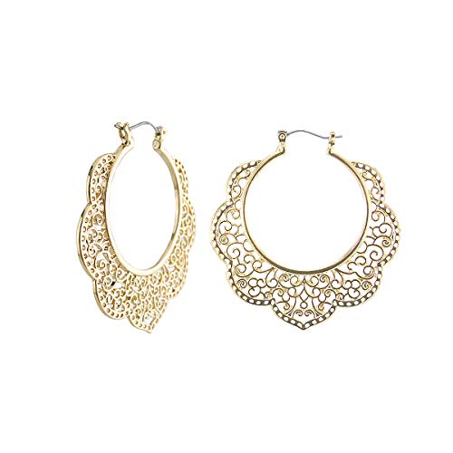 Bohemian Boho Filigree Hoop Earrings for Women – Intricate & Delicate Cutout Design Details – Tribal Floral Gypsy Lightweight Geometric Metallic Statement Earrings - style: Outer Floral - Gold