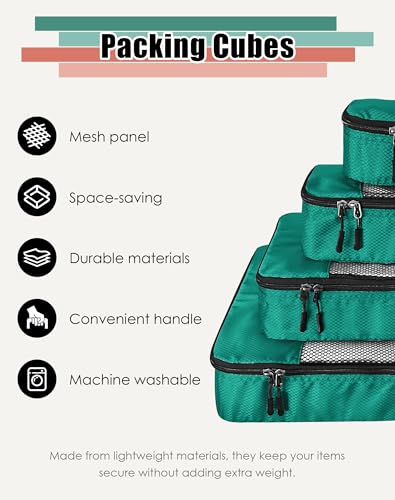 WTREE 4-Piece Packing Cubes Travel Accessories Set for Suitcases - Luggage Organizer Bags with Double Zipper - Mesh Top - Small/Medium/Large/Slim - Green - color: Green, size: Slim, Small, Medium, Large