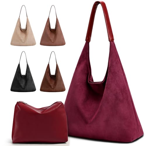 2-Piece Vegan Leather Purse Set for Women: Slouchy Hobo Shoulder Bag & Suede Tote Bag - color: Red