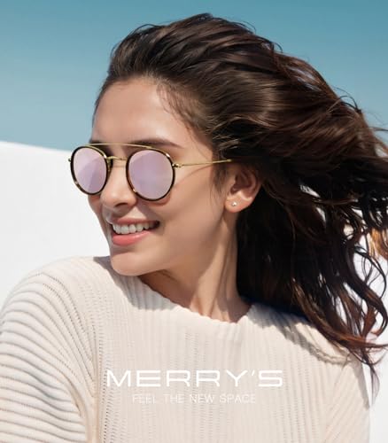 MERRY'S Retro Round Polarized Sunglasses - Unisex Double Bridge Sun Glasses - color: Leopard Frame/Gold Bridge/Pink Mirror Lens
