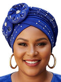 Woeoe Beanie Cap Head Wrap Black Rhinestones Head Scarf Flower Pearls Twisted Head Turban for Women Girls - color: Blue