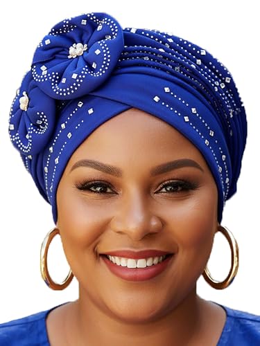 Woeoe Beanie Cap Head Wrap Black Rhinestones Head Scarf Flower Pearls Twisted Head Turban for Women Girls - color: Blue