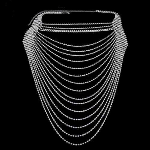 Wiwpar Full Rhinestone Body Chain Crystal Crossover Bra Body Chain Necklace Boho Multilay Costume Chest Chain Beach Sexy Bikini Nightclub Body Chain Party Rave Accessories for Women - color: Silver