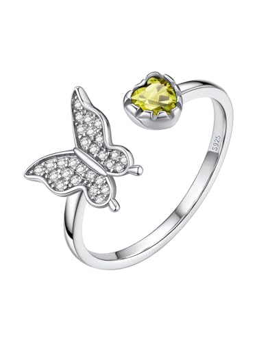 Bestyle 925 Sterling Silver Butterfly Ring Hypoallergnic Adjustable Birthstone Rings for Women Butterfly Jewelry Gifts for Anniversary Mothers' Day Birthday - color: 08.August (Peridot)