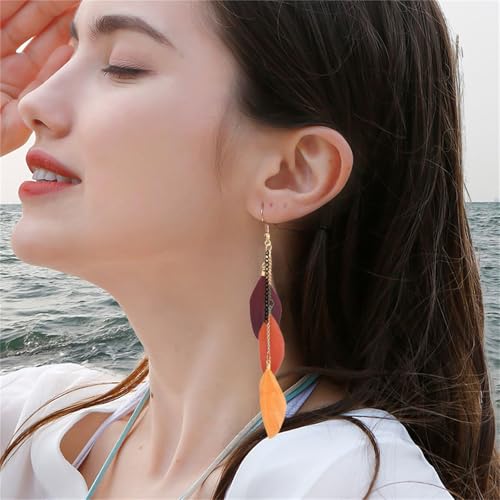 coadipress Boho Piercing Tassel Feather Long Chain Earrings Retro Lightweight Native Feather Dangle Drop Earrings for Women Bohemian Handmade Natural Feathers Earring Jewelry - color: Gradient Coffee