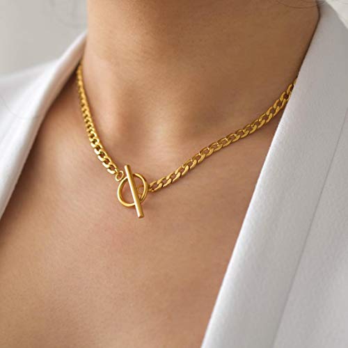 CHESKY Layered Necklaces for Women, 14K Gold Plated Chain Necklace Women Trendy Cuban Link Paperclip Chain Toggle Clasp Necklace Fashion Chunky Jewelry for Women - style: Toggle+Bar