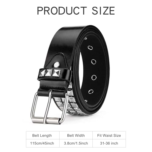 Studded Belt, Metal Punk Rock Rivet belt with Bright Pyramid Studded for Women Men - color: Black, size: Fit Pant 27-32 Inch