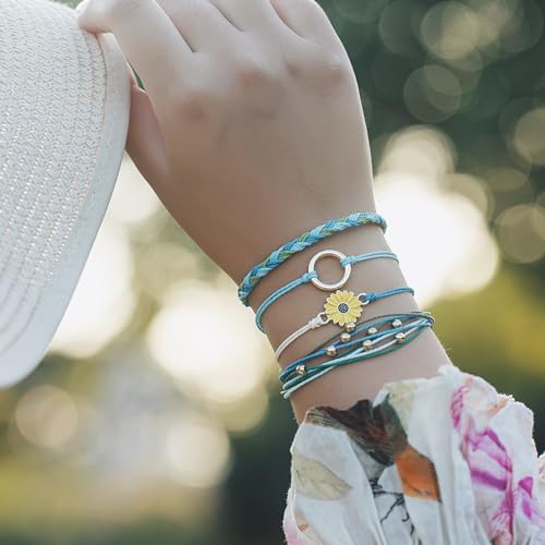 FANCY SHINY Easter Gifts Basket Stuffers Sunflower String Bracelet Boho Braided Rope Wrap Bracelets Cute Summer Beach Surfer Jewelry for Women - color: Blue/Green