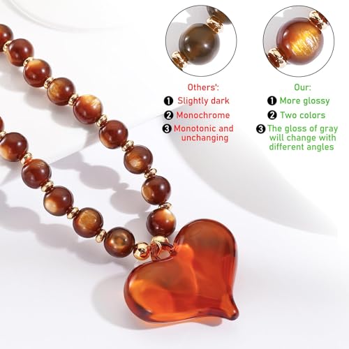 Coiris Chunky Heart Necklace for Women Statement Beaded Pendant Boho Christmas Necklace Gifts for Women - color: Amber, size: Short