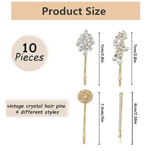 10 Pieces Rhinestone Hair Clips, Crystal Bobby Hair Pins Decorative Rhinestone Hair Barrettes for Wedding, Leaf Feather Sunflower Hair Clips Metal Hair Accessories for Women,4 Styles(Gold) - color: gold