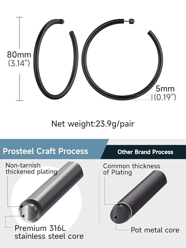 Stainless Steel Chunky Hoop Earrings For Women, Minimalist and Chic, Black/Gold Plated, Round Hoops Earrings Hypoallergenic, Size: 30mm/40mm/60mm/80mm, Come with Box - color: 2. Black, size: 80MM