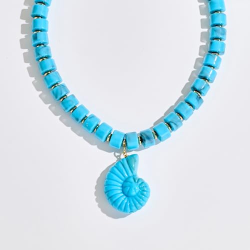 Chunky Beaded Necklace for Women with Conch Shell Pendant, Boho Bead Statement Necklace with Adjustable Gold Chain, Beach Jewelry for Summer＆Vacation Gifts - color: Blue
