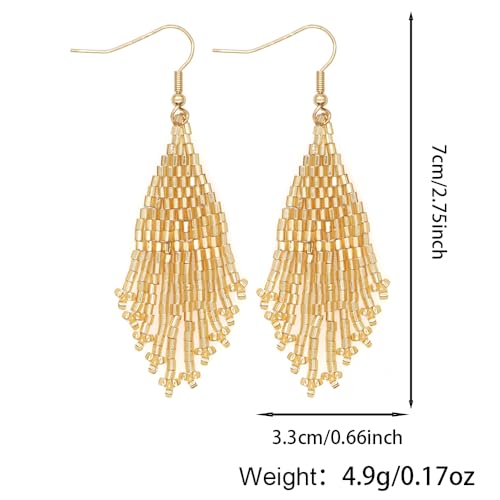 Bohemian Beaded Long Tassel Dangle Earrings for Women, Handmade Jewelry White Tarnish Resistant Lightweight Design, Stylish Accessory for Beach Vacation Party and Gift - color: Gold-2