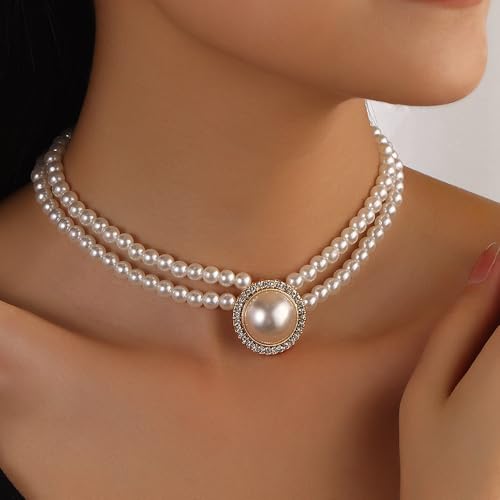 Bethynas Boho Layered Pearl Rhinestones Choker Necklace Vintage Chunky Pearl Crystal Pendant Short Necklace Chain Bridal Prom 1920s Costume Party Jewelry for Women - color: Pearl 3