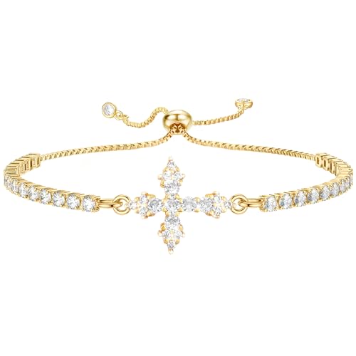 VIBILIA Bracelets for Women, Cross Bracelets for Women Trendy, Dainty Tennis Bracelet, Catholic Gift for Mom Daughter Wife Sister Friend, Communion Gift on Birthday Valentine's Day Easter Mother's Day - color: A. Gold-White