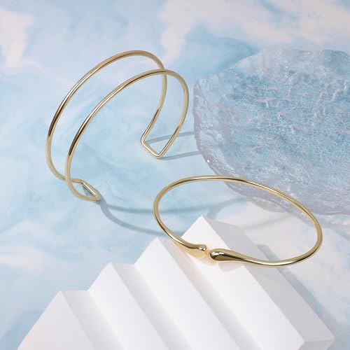 2Pcs Gold Arm Cuff for Women Adjustable Arm Cuff Bracelet Minimalist Open Coil Upper Arm Band Cuff Bangle Set - style: Gold F