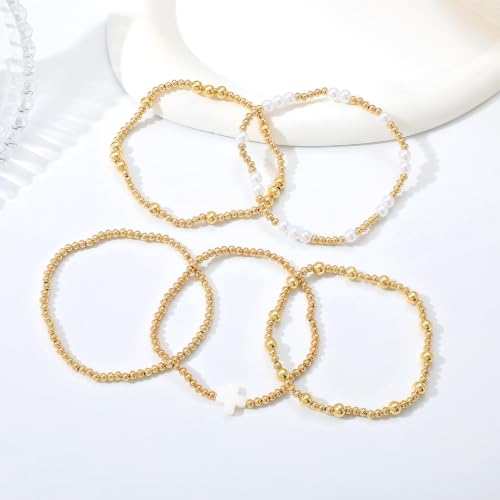 Dainty Gold Plated Pearl Crystal Beaded Bracelets Set for Women 14K Gold Plated Bead Pearl Beads Bracelet Stackable Paperclip Link Chain Bracelets Gold Plated Bracelets for Women Trendy Jewelry - color: Style4-gold bracelets set1
