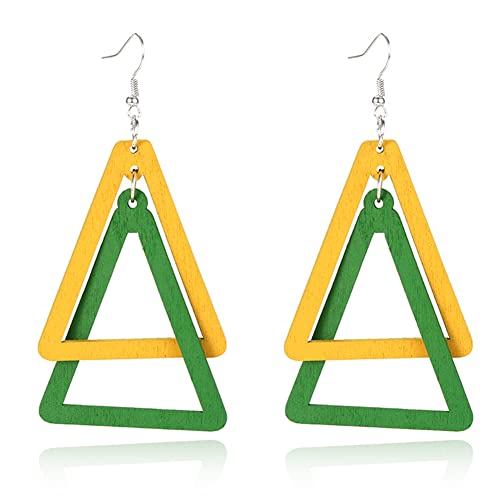 ANXIN Boho Personality Retro Tassel Rectangular Wooden Contrasting colors Earrings Chic Green Temperament Geometric Earrings Jewelry Gifts For Women - color: YELLOW GREEN Wooden colors Earrings