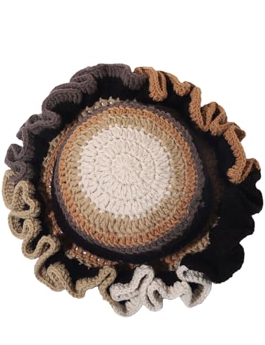 KORADI Womens Crochet Bucket Hat Ruffled Brim Knitted Hats Winter Boho Handmade Caps - color: Coffee