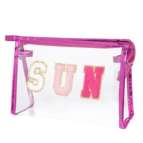 Preppy Patch Makeup Bag, Sun Chenille Letter Bag for Beach, Pouch with Zipper, Travel Bags Clear Cosmetic Toiletry Bag for Women Girls Teens (Rose Red) - color: Rose Red