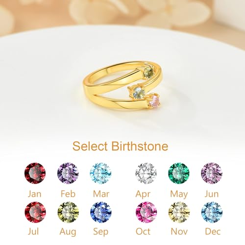 Custom4U Personalized 1-4 Birthstone Rings for Women Promise Rings for Her Sterling Silver Mothers Ring Customized Cubic Zirconia Stones Wedding/Valentine's Day/Mother's Day Jewelry Gift for Mom Wife - color: B-3 Names-Gold