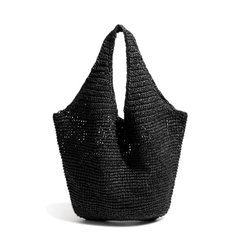 Beach Bags for Women,Summer Soft Large Woven Shoulder Handbags Boho Straw Tote Bags for Travel Vacation 2026 - color: Black