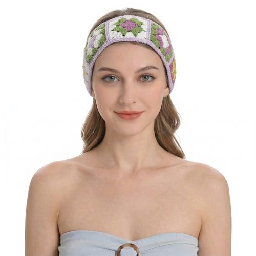 ZLYC Women Floral Headband Handmade Crochet Knit Vintage Hair Bands (Floral Purple) - color: Floral Purple