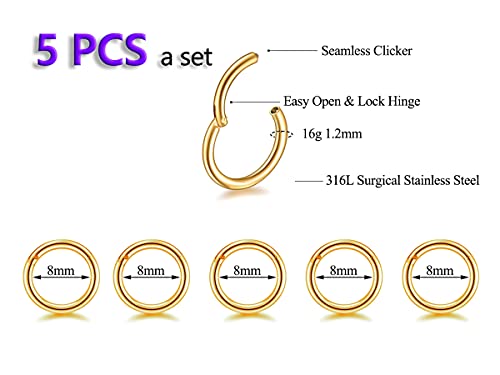 5Pcs 16G 18G Surgical Steel Nose Rings Hoop Tragus Septum Cartilage Hoop Earrings For Women Men Body Piercing Jewelry Kit Bar Length 6mm/8mm/10mm/12mm/14mm - style: 5Pcs -16G - Gold - 8mm