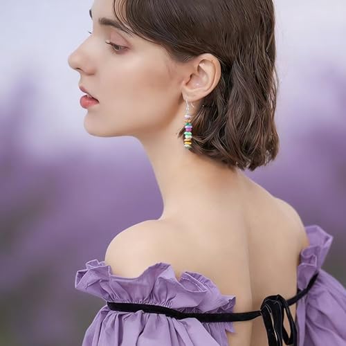 Handmade Bohemian Vintage Silver Nature Stone Beads Long Dangle Drop Earrings for Women - color: Light Colorful