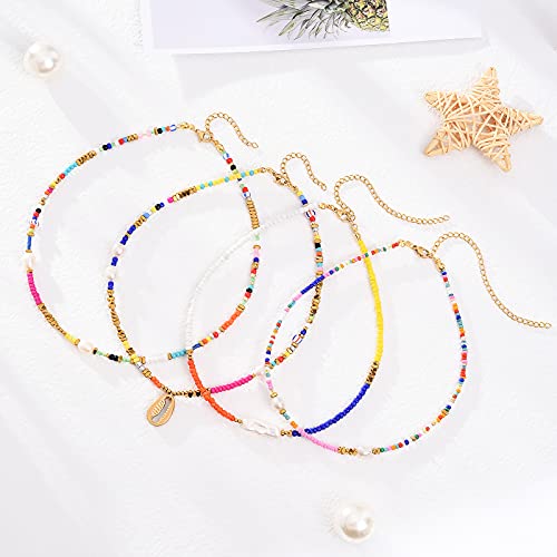 Wellike Freshwater Pearl Beaded Necklace for Women Handmade Boho Colorful Glass Beads Choker Necklace Stainless Steel 18K Gold Plated Bohemian Women Summer Jewelry Gifts - color: KKWX919AMZ