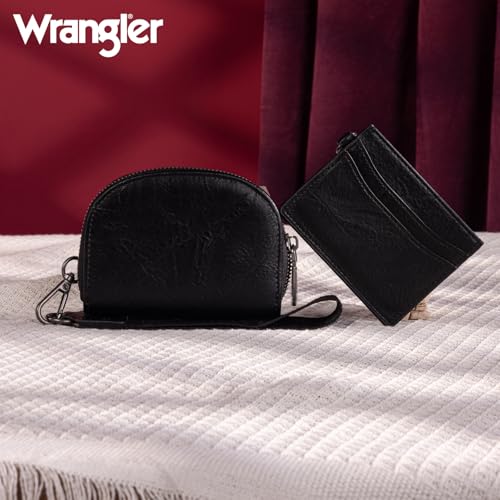 Wrangler KeyChain Wallet Wristlet Wallets for Women Dual Pouch Wristlet with Zipper Womens Credit Card Holder Wallet - color: A-Black